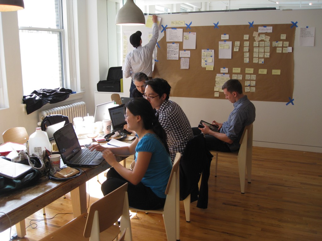 Picture of team at table, with sketchboard on wall